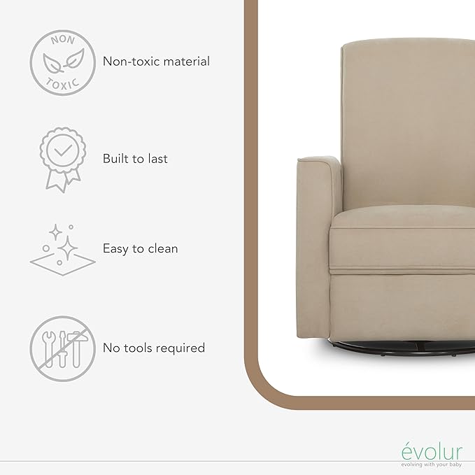 Evolur Harlow Upholstered Power Glider Recliner with USB Charging – Rocking & 360° Swivel with Smooth Glide – Greenguard Gold & FSC Certified – Modern Nursery and Living Room Chair in Fawn