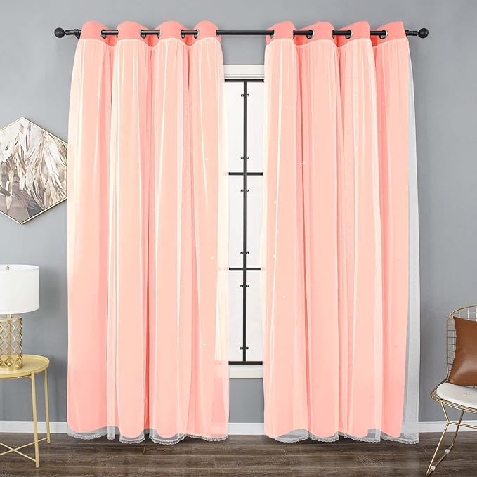 Kinryb Princess Curtains for Girls Bedroom with Sheer Overlay,Double Layer Curtain for Living Room with Star Cutout, Curtains for Kids Room (52 W*84 L Inches,2 Pcs Coral)