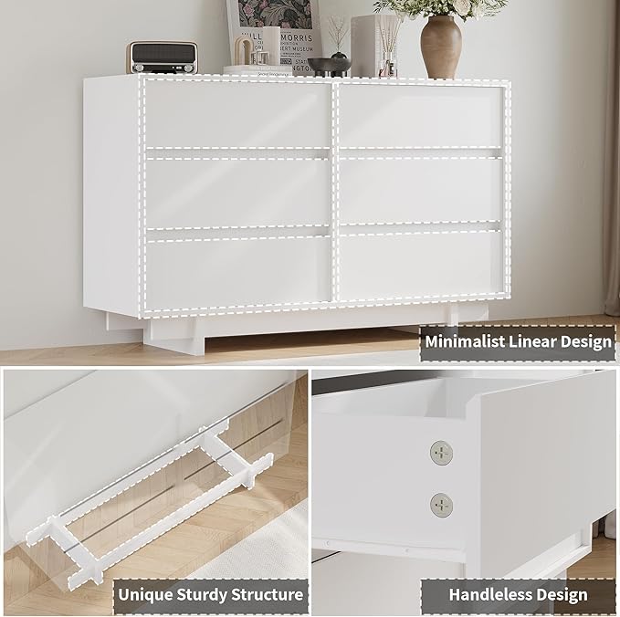 White Dresser for Bedroom, 47" Wide 6 Drawer Dresser, Mid Century Modern Dressers Chest of Drawers, Wooden Large Dressers for Bedroom, Closet