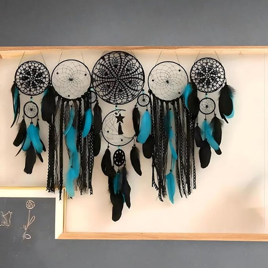 Dream Catcher Wall Decor,Large Boho Dream Catcher with Luxurious Feathers & Beads, Handmade Wall Hanging for Bedroom, Nursery, Living Room, Gift Ready for Girls & Adults (Black-Blue)