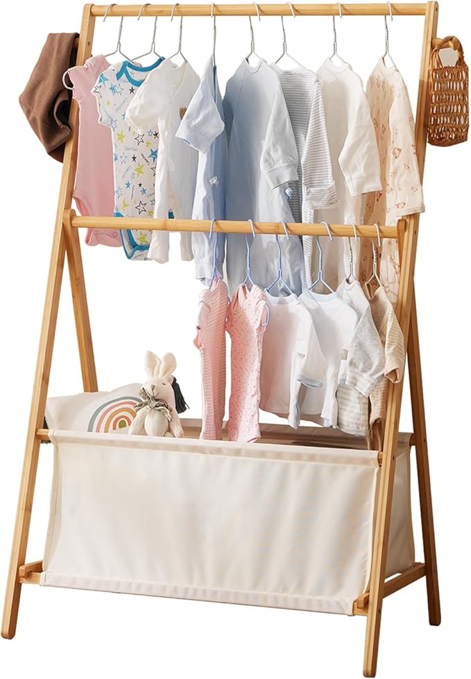 Kids Clothing Rrack- Kids Dress Up Rack for Little Girls, Bamboo Kids Clothes Rack, Toddler Dress Up Storage Rack & Folding Costume Rack, Double Rods, Pets Clothes Rack with Storage, Natural