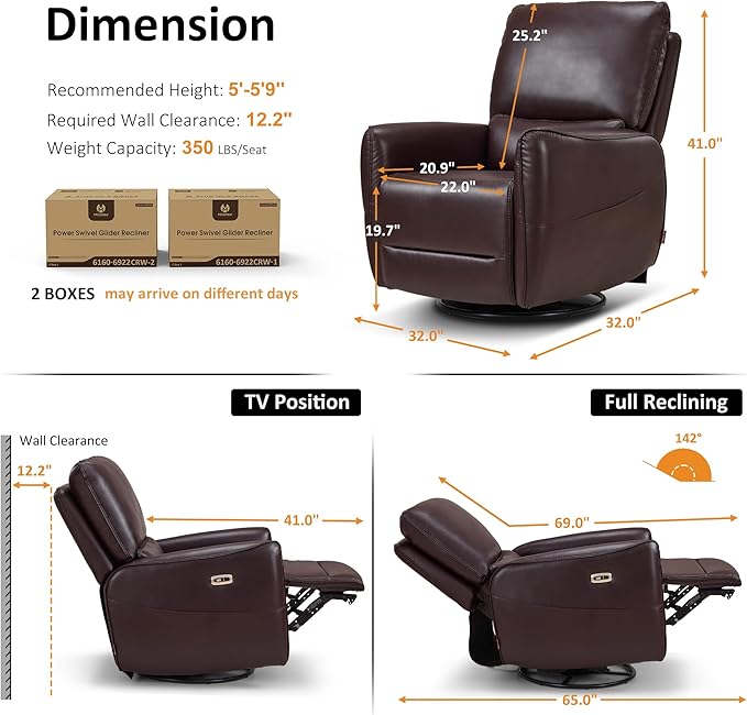 MCombo Swivel Glider Rocker Power Recliner Chair with Lumbar Support, Faux Leather Electric Nursery Glider Recliner Chair for Living Room, 6922 (Dark Brown)