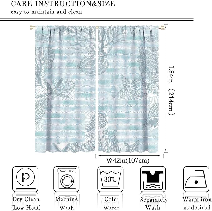 Starfish Curtains，Starfish and Seashells Coastal Curtain Ocean Themed Underwater Marine Decor Waterproof Fabric Curtain Set 2 Panels,84x84 Inches