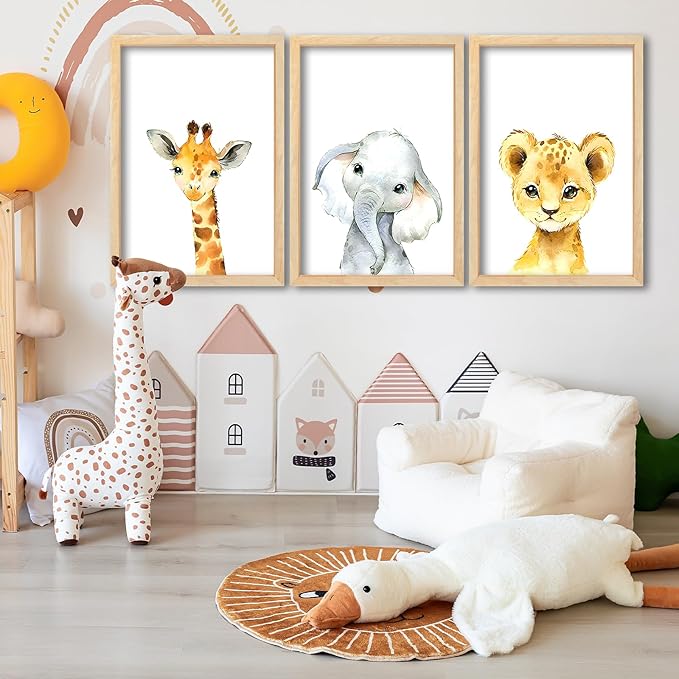 Surfapans Nursery Cute Animal Sign Wall Decor 24"x16" Set of 3 Lion Giraffe Elephant Prints Wooden Framed for Baby Child Children's Room Wall Art (Wood)
