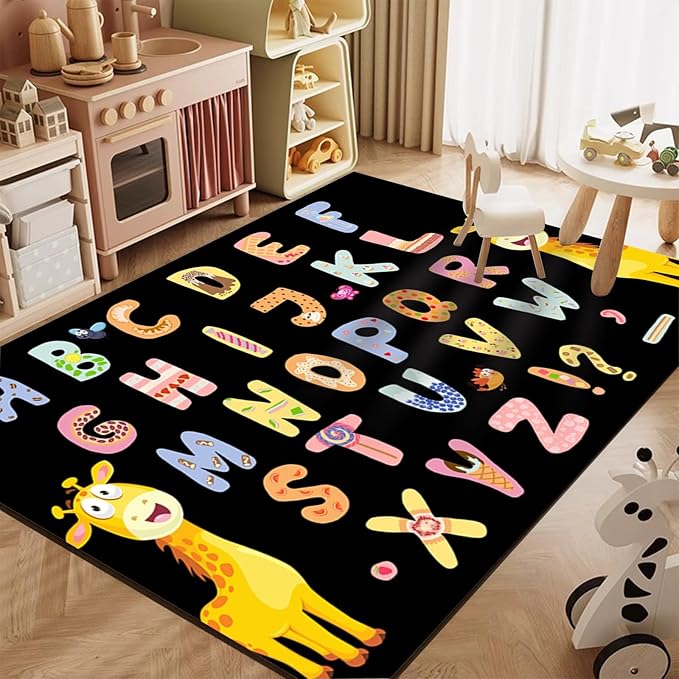 Giraffe Animal Children's Rug, 4x5ft, Learning ABC Letters Black Background Area Rugs, Washable Dirty Resistant Absorbent Mat for Indoor, No Crease Cozy Thin Carpet for Floor Family
