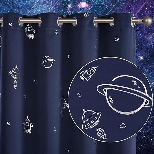 Vangao Navy Blue Kids Curtains for Boys Bedroom Space Theme Blackout Curtains for Kids Nursery Girls Room 96 Inches Length Silver Foil Print Drapes Grommet Top Window Treatments Set 2 Panels