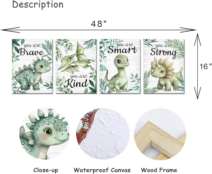 Artmyharbor Woodland Nursery Decor Sage Green Wall Art for Bedroom 4 Piece Wall Art Dinosaur Print