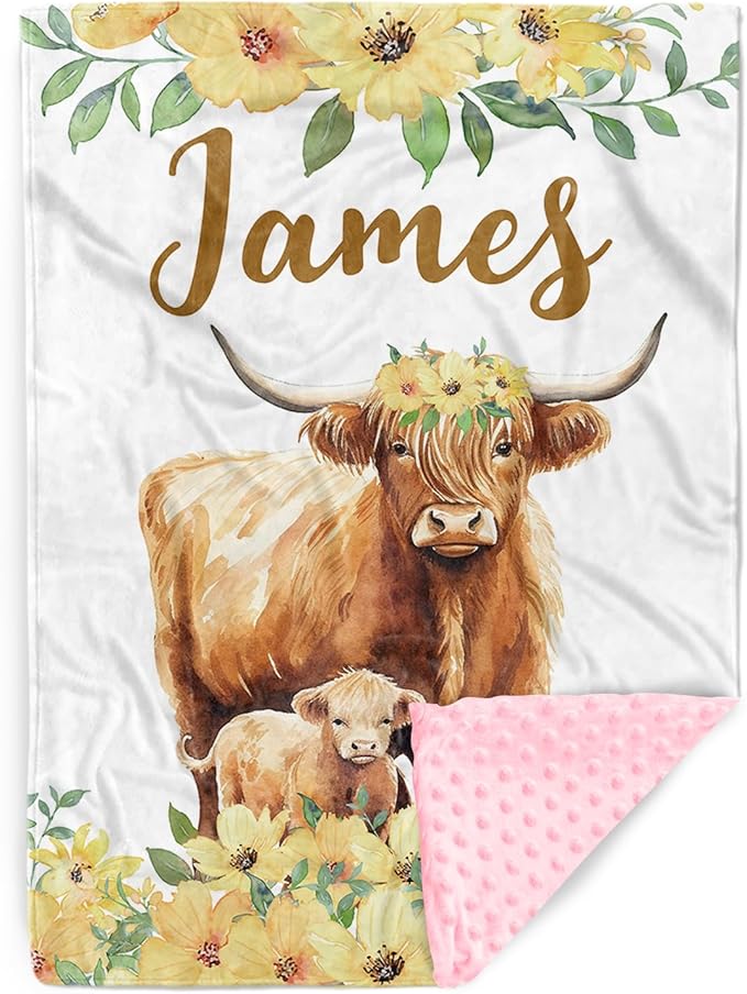 Personalized Baby Blankets for Girls, Custom Name Yellow Flower Highland Cow Theme Baby Blanket, Soft Receiving Blanket for Newborns and Toddlers, Ideal for Baby Showers and Nursery Decor