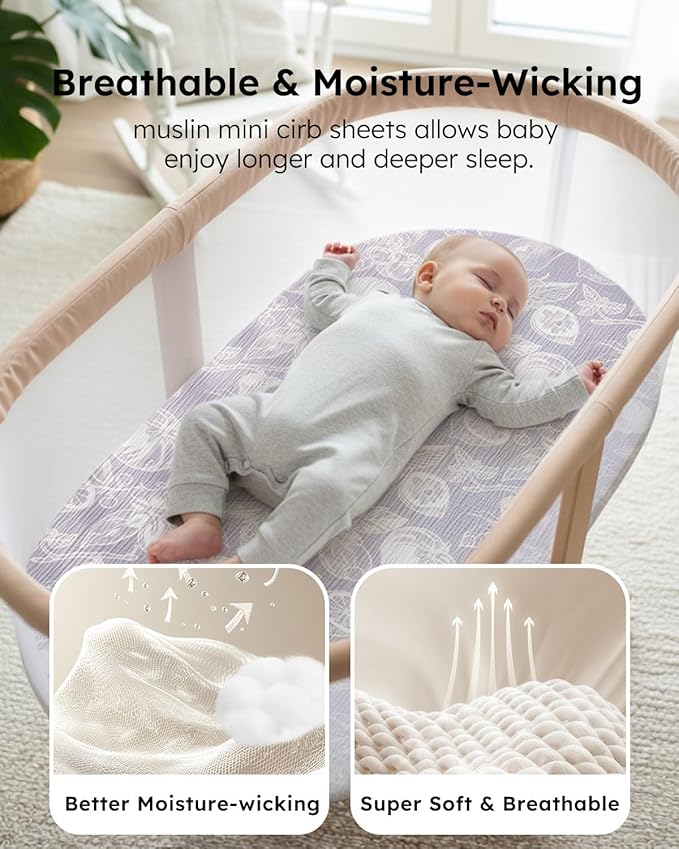 Yoofoss Muslin Baby Bassinet Sheets Boys Girls, Organic Fitted Bassinet Mattress Sheets Compatible with Halo Bassinest Swivel Sleeper,Baby Delight, Angelbliss, Soft, Breathable, Durable