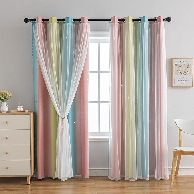 Star Girl and Kids Curtains for Bedroom Rainbow Ombre Double Layer Cute Shot Nursery Darkening Grommet Princess Room Décor 2 Panels Living Room Window Curtain （Blue Pink 52W x 95L）