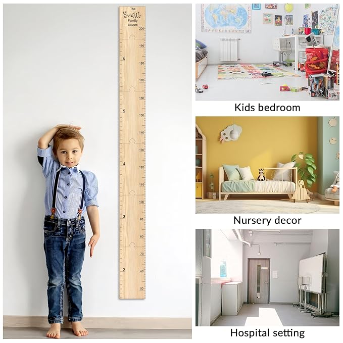 Custom Wooden Kids Height Chart with Name Date - Cute Wall Growth Measurement Ruler for Baby Boys & Girls, Nursery & Room Decor - Easy Install, Premium Wood