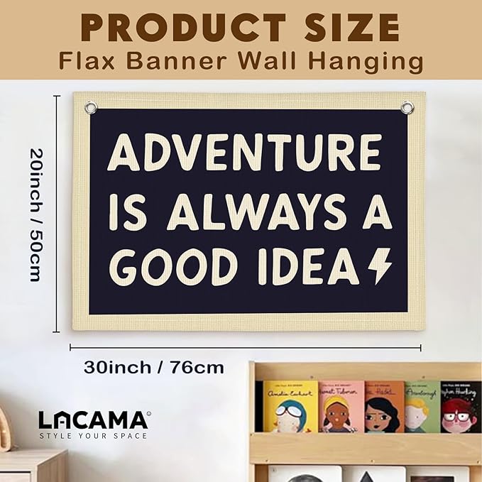 Lacama Boys Room Nursery Decor, Adventure Is Always A Good Idea Motivational Banner for Playroom, Nursery Hanging Linen Banner Wall Canvas Flag, Toddler Teen Room Dorm Decor 30x20 Inch
