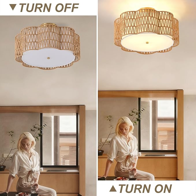 17.7" Rattan Ceiling Light Flush Mount, 3-Light Boho Close to Ceiling Light Fixtures, Rattan Bedroom Ceiling Light Farmhouse Large Drum Chandelier for Dining Room Kitchen Hallway(3-Tier Yellow)