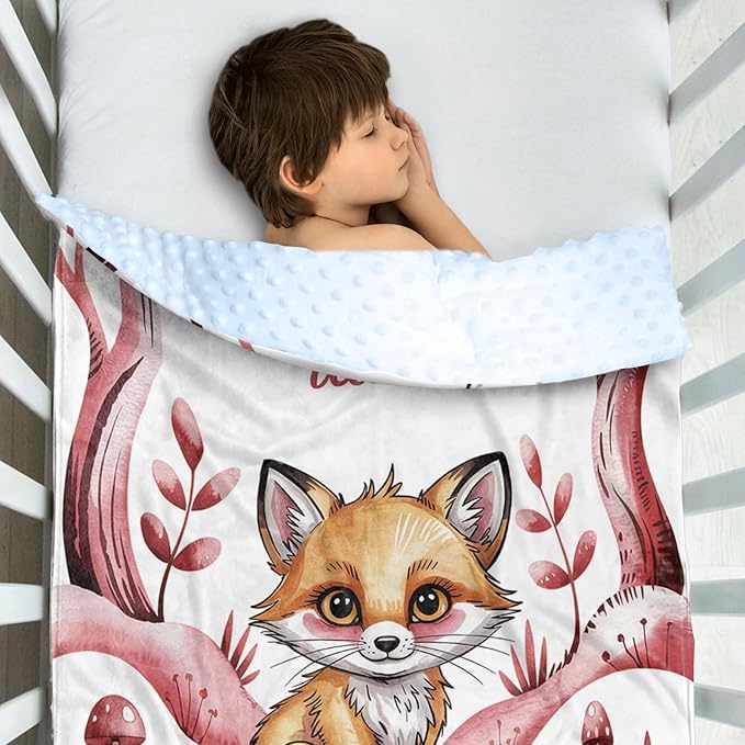 Personalized Baby Blanket with Name – Woodland Rusty Red Fox Design Soft Receiving Blanket for Newborn Girls, Custom, Cozy Nursery Decor for Toddlers