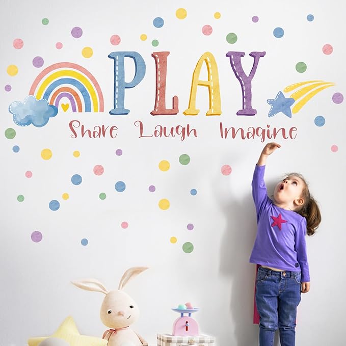 Mfault Playroom Wall Decals Stickers, Inspirational Play Share Laugh Imagine Quotes Nursery Classroom Decorations Bedroom Art, Rainbow Polka Dots Neutral Toddlers Kids Room Decor Gifts