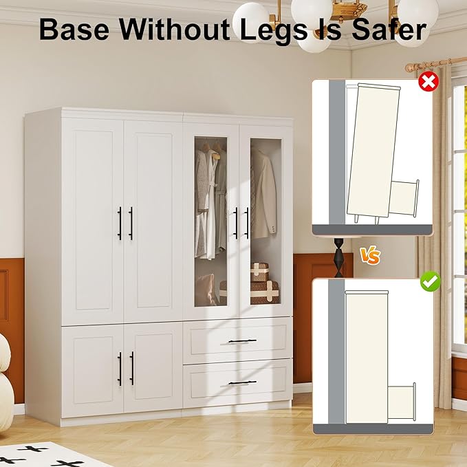 Armoire Wardrobe Closet with 2 Glass Door: White Wood Wardrobe Closet Wooden Bedroom Armoire 2 Drawer with Hanging Rods for Home/Bedroom/Living Room