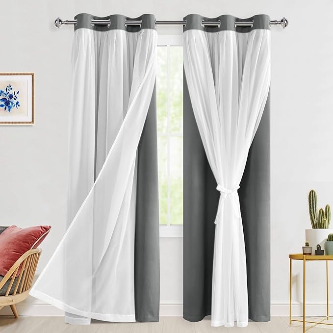 Hiasan Blackout Curtains with Sheer 84 Inches Long, Grommet Thermal Insulated Mix & Match Double Layer Window Curtains for Bedroom, Living Room, 2 Drape Panels with Tiebacks, Grey, 42W X 84L