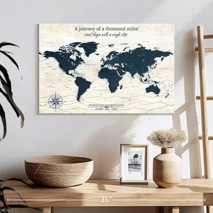ElephantStock - A Journey I Push Pin World Map Wall Art - Horizontal Canvas Wall Art - Living Room Wall Decor - Digital Art Map Canvas Art - Blue And Beige Decor - 24" x 16"