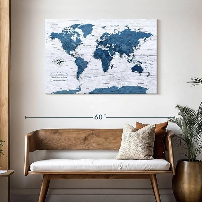 ElephantStock - My World Push Pin Map IV Wall Art - Horizontal Canvas Wall Art - Living Room Wall Decor - Unique Map Canvas Art - Blue And Decor - 45" x 30"
