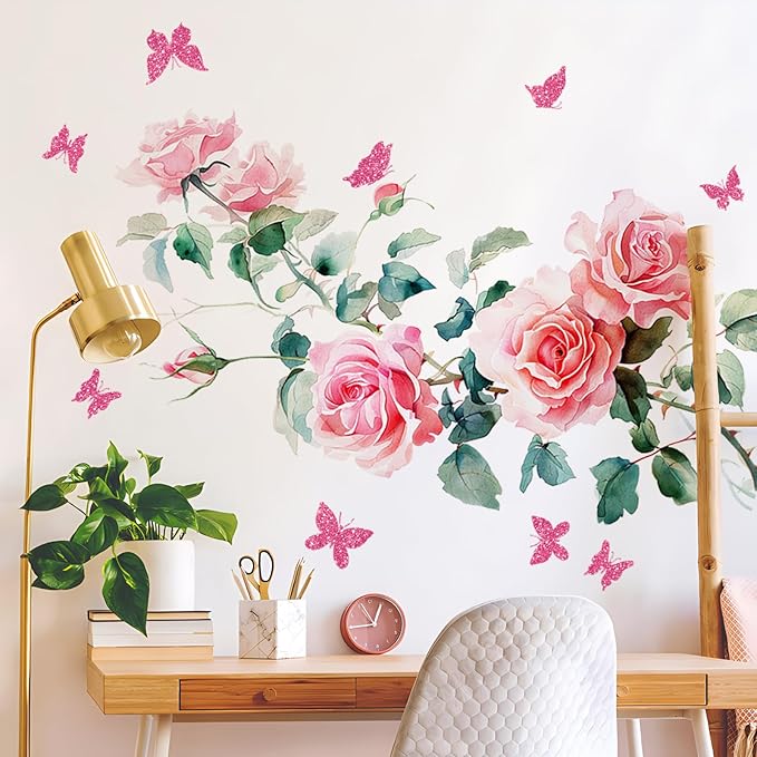 2Sheets Removable Pink Rose Vine Flowers Decals Green Leaves Decals DIY Pink Butterfly Wall Decal Self-Adhesive Wall Art Decor for Girls Room Living Room Bedroom TV Backdrop Decor
