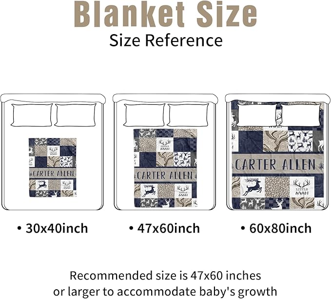 Personalized Crib Bedding Set for Boys Girls, Custom Baby Crib Sets with Name, Navy Deer Design Nursery Bedding 2 Piece - Soft Blanket with Double Layer Dotted Backing, Crib Fitted Sheet