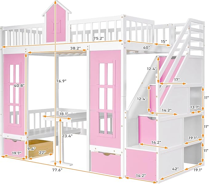Twin Over Twin Castle House Loft Bed with Stairs and Storage Drawers,Solid Wood Princess Convertible Bunk Bed with Desk and Seat (Pink (Convertible))