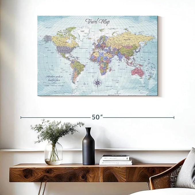 ElephantStock - Push Pin Travel Map World I Wall Art - Horizontal Canvas Wall Art - Living Room Wall Decor - Printmaking Map Canvas Art - Blue And Beige Decor - 39" x 26"