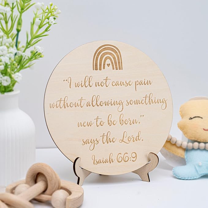 Wooden Rainbow Baby Scripture Sign, 6 Inch Round Nursery Wall Decor with Stand, Isaiah 66:9 Bible Verse Quote, Birth Announcement Plaque
