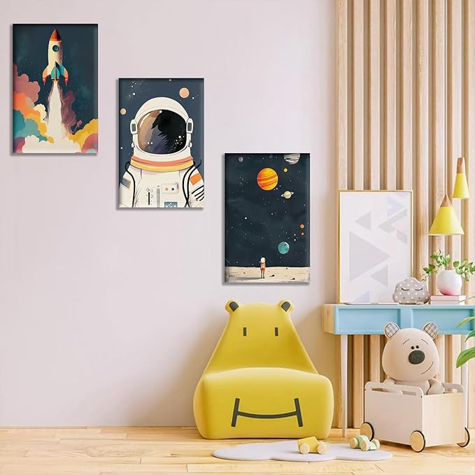 3Pcs Astronaut Wall art Nursery Space Adventure Posters Prints Rocketship Wall Decor Explore Dream Galaxy Canvas Prints Funny Planet Painting for Boys Girls Kids Bedroom Living Framed
