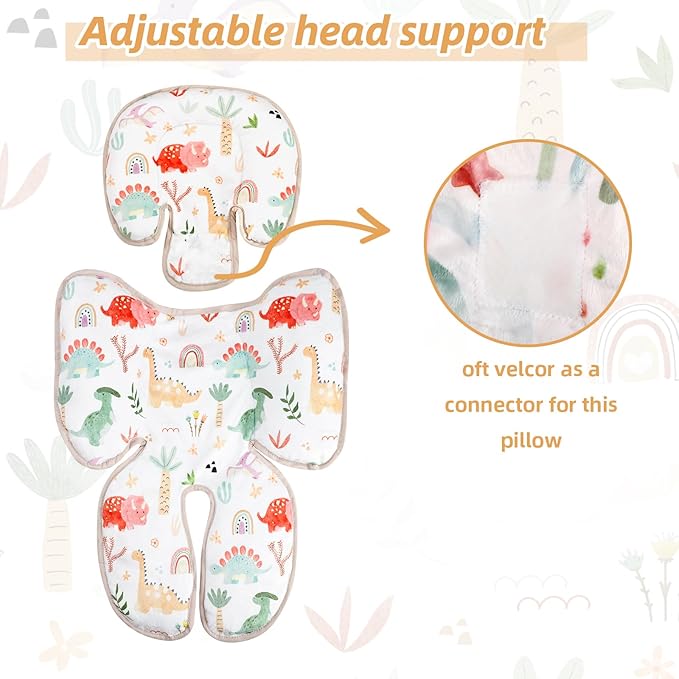 Infant Car Seat Insert, 2-in-1 Baby Car Seat Head Support for Newborn Girls Boys, Soft Baby Neck Support and Body Cushion for Car Seat, Stroller, Bouncer (Dinosaur)