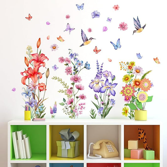 Flower Wall Decals Lily Flower Butterfly Bird Floral Wall Stickers Colorful Cute Cartoon Wall Decor for Living Room Kids Room Playroom Home Wall Decor
