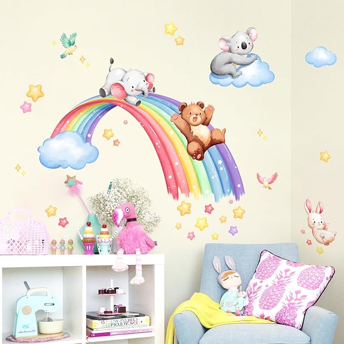 Tanlaby 43" X 43" Animal Rainbow Wall Stickers Bear Elephant Koala Rabbit Wall Decals Peel and Stick Clouds Stars Art Decor for Baby Nursery Kids Bedroom Playroom Daycare Classroom