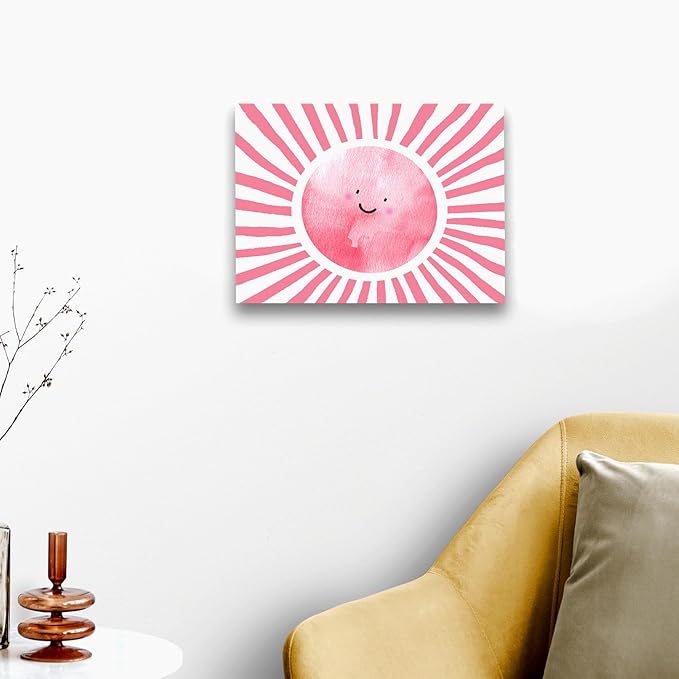WODMIS Boho Sun Shunshine Wall Art, Cute Cartoon Smiling Watercolor Neutral Canvas Home Decor for Kids Baby Room Nursery Playroom, Pink 11x14