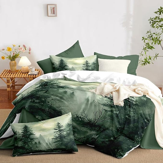 Pine Tree Duvet Cover Full Size Forest Olive Green Duvet Cover Set Gradient Watercolor Botanical Bedding Set Soft Breathable Microfiber Comforter Cover(2 Pillowcases, No Comforter)