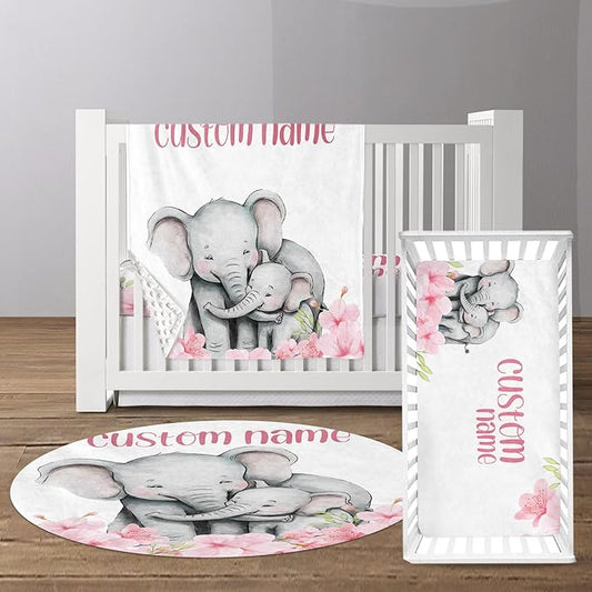 Custom Baby Crib Bedding Set - Elephant Design Personalized Name Pink Flower Baby Nursery Bedding 3 Pcs Set - Chic Soft Blanket, Fitted Sheet, Room Rug for Newborns Boys Girls Gifts