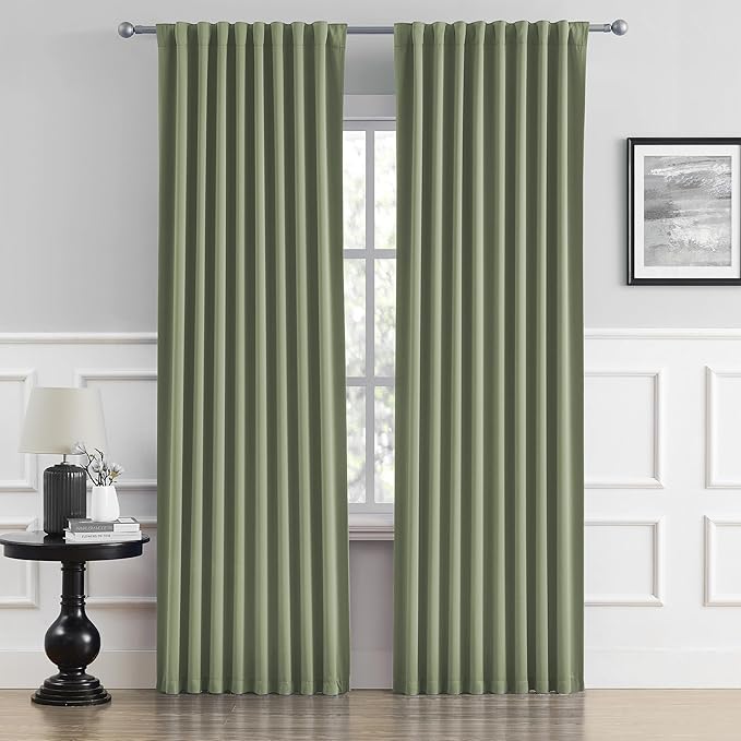 DUALIFE Light Sage Green Curtains 84 Inches Long Back Tab/Rod Pocket Room Darkening Curtain Panels Window Drapes Light Blocking 52 x 84 Inch Length,2 Panels Set