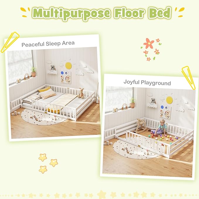KOMFOTT Queen Size Wood Floor Bed with Door & Fence, Montessori Bed Frame with Full Length Safety Guardrails, Door & Latch, Wooden Montessori Floor Bed for Kids, Girls, Boys (Queen,White)