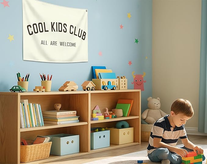 Cool Kids Club-Rectangular Banner Flag Wall Art Decor Gift for Baby Boy Girl Kids,Nursery Classroom Playroom Reading Room Bedroom Decor-Baby Present Shower,Birthday Christmas Gift