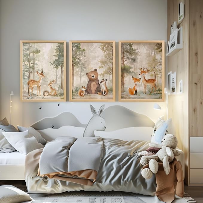 LLEEMPI Woodland Nursery Wall Decor Set of 3, Cute Forest Animal Wall Art, Bear Fox Deer Watercolor Canvas Prints, Vintage Nature Poster Prints for Kids Bedroom Bathroom Playroom Wood Framed 12x16 Inch
