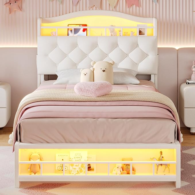 BTHFST Twin Szie Girls Bed with LED Lights & Charging Station, Princess Twin Size Bed Frame with Hidden Storage Headborad, Sturdy Platform Bed, No Box Spring Needed/Noise-Free/Easy Assembly, Beige