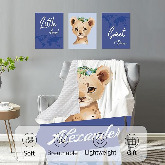 Custom Baby Crib Bedding Set,Personalized Name Blue Leopard Pattern Nursery Bed Set 4 Piece,Baby Blanket Fitted Sheet Nursery Rug Wall Art Set,Custom Room Decor Idea Gift for Newborns Boys Girls