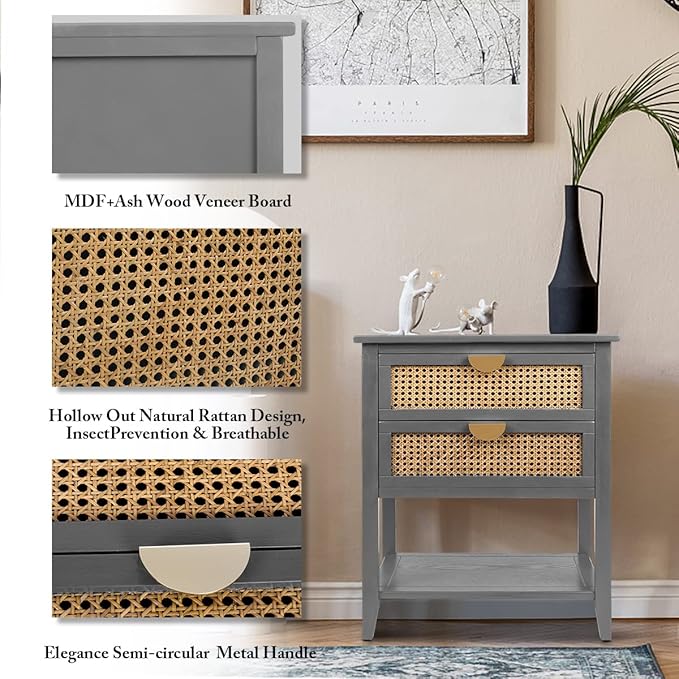 Nightstands with 2 Drawers, Rattan Night Stand Bedside Table End Table Standing Storage Cabinet Organizer Dresser Drawer and Shelf for Entryway, Living Room, Bedroom, Nursery(Grey)