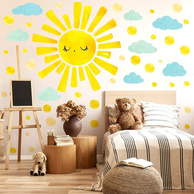 Large Sun Clouds Wall Decals Polka Dots Wall Decals Sun Cloud Wall Stickers for Kids Room Bedroom Nursery Playroom Classroom Decor