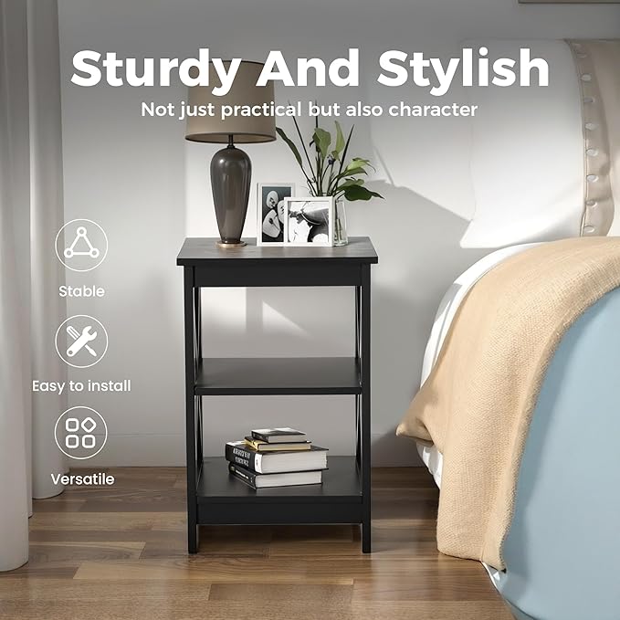 MAISON ARTS Black End Tables, Living Room End Tables Set of 2, Farmhouse Small Side Table, 3-Tier Modern Bed Side Table Nightstands for Bedroom