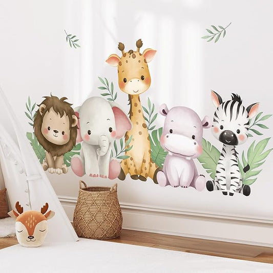 SHUCHING Watercolor Jungle Animal Wall Decals Peel and Stick, Vinyl Safari Giraffe Lion Elephant Wall Sticker, Wall Decor Art for Nursery Baby Playroom Kids Bedroom