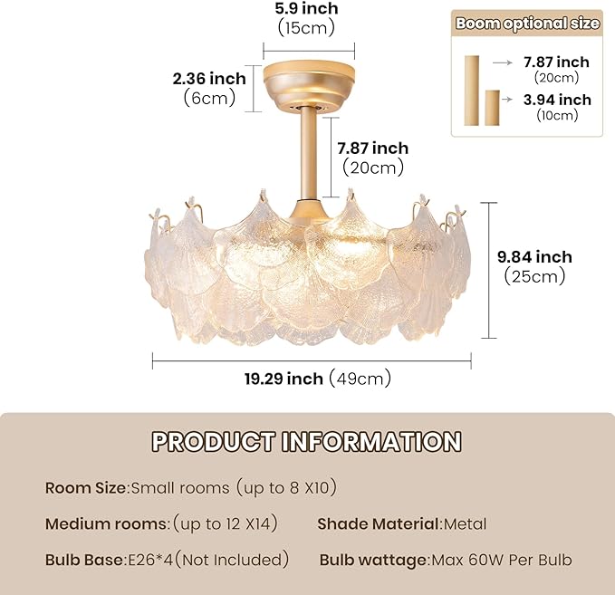 Shell Ceiling Fan with Light 20 Inch Gold Fandelier Modern Crystal Chandelier with Fan Semi Flush Mount Remote Control 6 Speeds for Girls Bedroom,Living Room