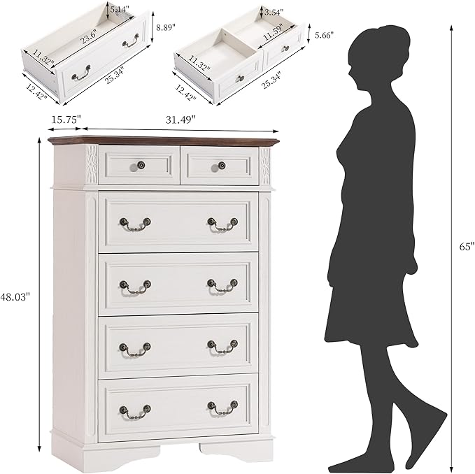 Dresser for Bedroom, 6 Drawers 48" Tall Dresser for Storage and Organization, White Farmhouse Chest of Drawers for Living Room, Closet, Hallway