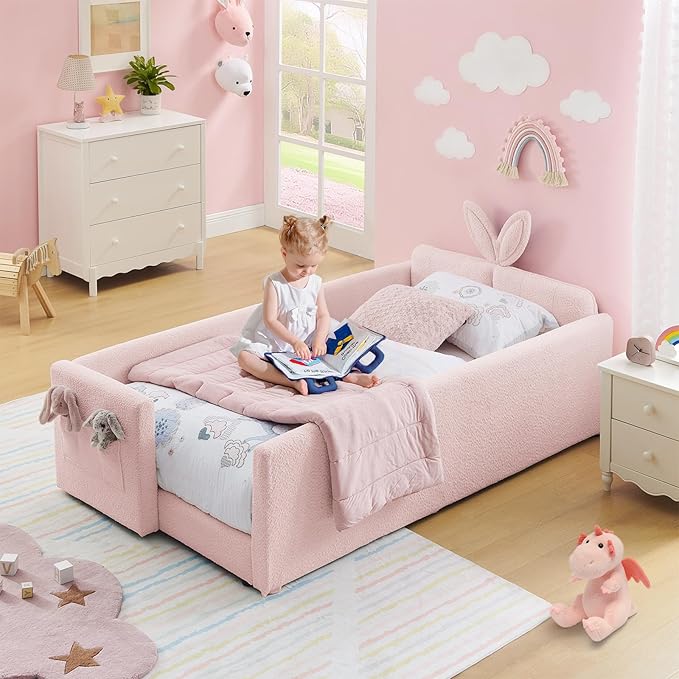 Twin Size Kids Bed with Rabbit Ear Headboard, Upholstered Boucle Fabric Twin Daybed with Slats Support & Side Pockets, Space-Saving Wooden Corner Sofa Couch Bed Frame, for Girls, Boys, Teenager(Pink)