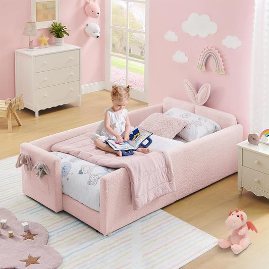 Twin Size Kids Bed with Rabbit Ear Headboard, Upholstered Boucle Fabric Twin Daybed with Slats Support & Side Pockets, Space-Saving Wooden Corner Sofa Couch Bed Frame, for Girls, Boys, Teenager(Pink)