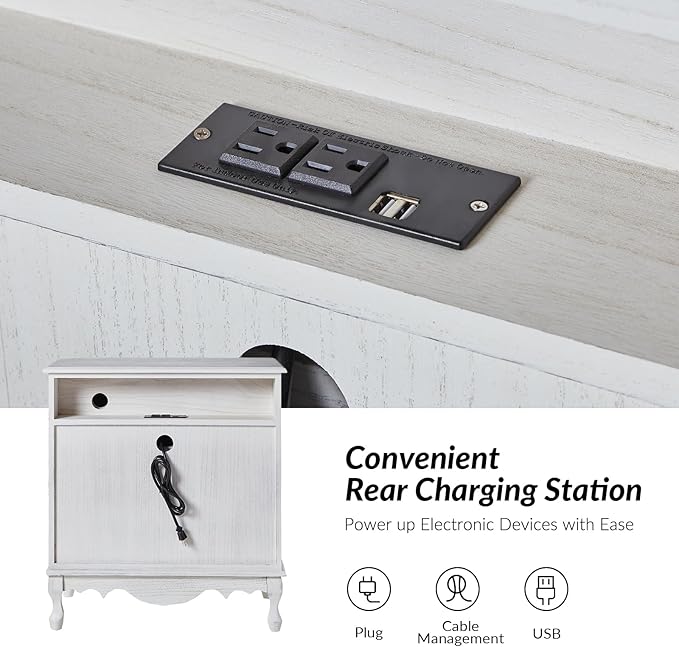 HULALA HOME 3-Drawer Nightstand with Charging Station, Drawer Organizer with Wood Legs, Farmhouse Solid Wood Nightstand(White)